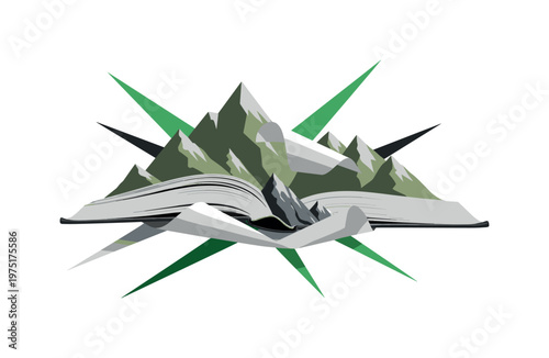 fragmented book with mountain shapes breaking through pages, green geometric shapes and sharp lines slicing through composition, flat colors and strong
