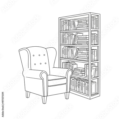  Cozy Reading Nook Featuring a Piled Bookshelf and an Overstuffed Armchair for Coloring. transparent.