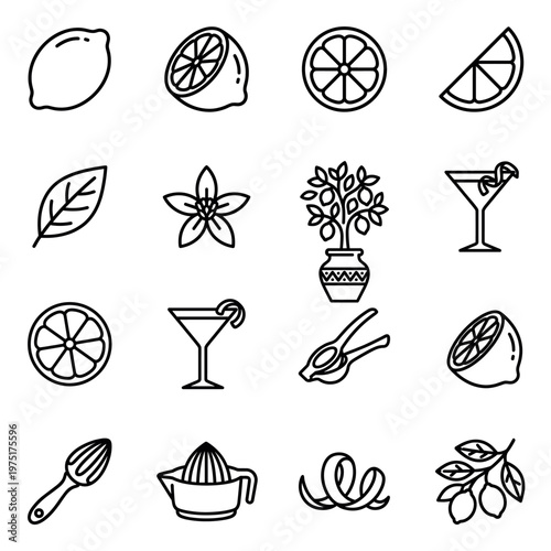 Lemon citrus fruit icons set featuring various elements like whole fruits, slices, leaves, flowers, trees, and juicers in a clean line art style.