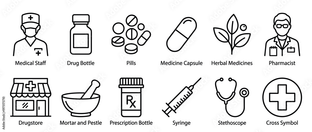 Naklejka premium Medical pharmacy healthcare icons symbols representing various aspects of health, treatment, and pharmaceutical services in a clean line art style.