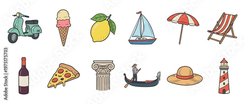 Italian travel elements and summer vacation items in a charming hand-drawn doodle style, perfect for holiday designs and cultural themes.