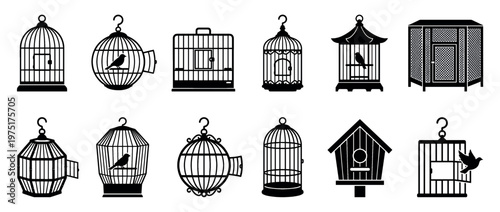 Collection of bird cages and birdhouses in black silhouette style, featuring different shapes and birds.