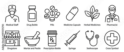 Medical pharmacy healthcare icons symbols representing various aspects of health, treatment, and pharmaceutical services in a clean line art style.