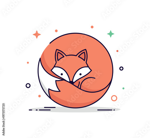 Warm fox curl a tiny fox wrapped into a circle with tail covering its body and soft rounded shapes. The composition conveys warmth and protection, Minimalist
