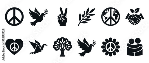 Peace symbols and icons collection featuring doves, olive branches, victory hand, shaking hands, and hugging people representing harmony and unity