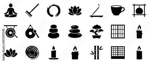 Zen meditation icons and symbols for spiritual relaxation, mindfulness practices, and traditional Japanese culture concepts.