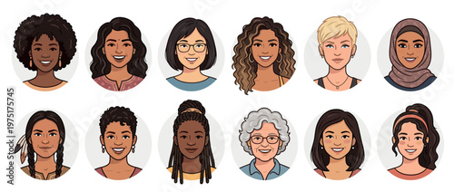 Diverse women avatars smiling in a collection of cartoon-style profile pictures representing various ethnicities and ages.