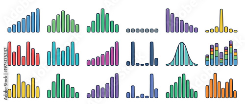 Colorful hand-drawn bar graphs and data visualization elements illustrating various statistical patterns and signal strength indicators in a playful cartoon style.