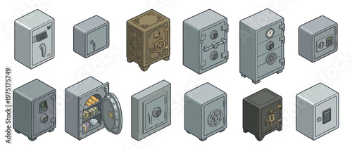 Collection of isometric safe boxes and vaults featuring various designs for secure storage of valuable items.