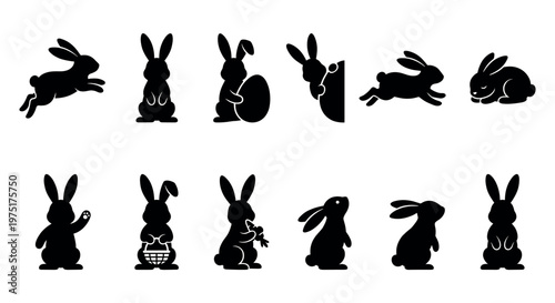Collection of black rabbit silhouettes in various poses, including jumping, sleeping, holding an Easter egg, and eating a carrot, representing spring and holiday themes.