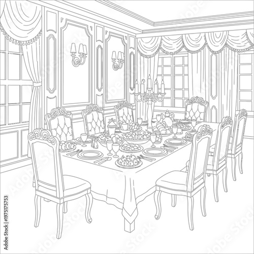 A Festive Dining Room Set for a Grand Feast with Elaborate Chairs and Decorations. transparent.