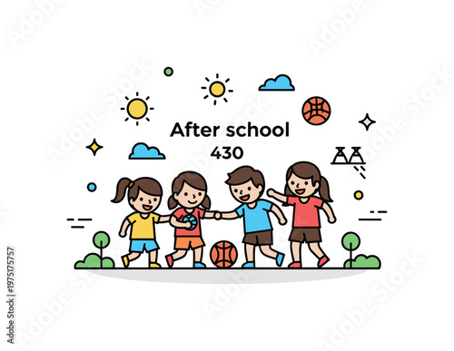 After school sports activity with children playing together and small sun or outdoor elements conveying fun, movement, and healthy lifestyle. Minimalist flat