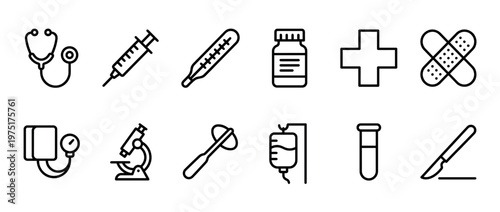 Medical icons set featuring essential healthcare symbols like stethoscope, syringe, thermometer, and microscope, representing various aspects of medicine and treatment.