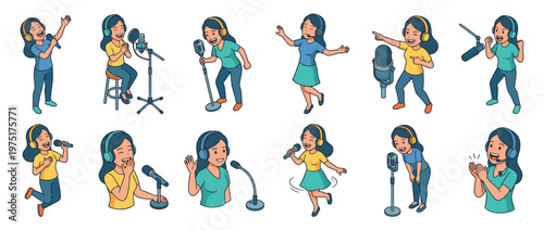 Young woman performing various vocal activities with microphones and headphones, expressing joy and engagement in a collection of poses.