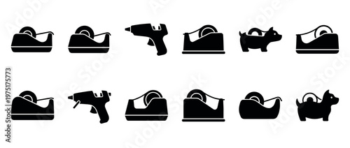 Seamless pattern featuring black silhouette icons of tape dispensers and glue guns, representing essential office and craft tools.