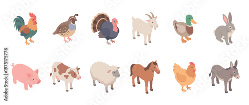 Diverse collection of isometric farm animals and birds, including livestock and poultry, depicted in a charming flat cartoon style.
