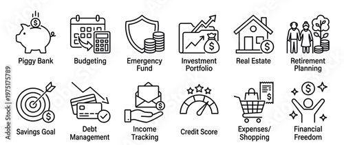 Personal finance icons collection illustrating various money management concepts and financial planning strategies for economic security.
