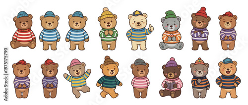 Cute cartoon bears wearing striped sweaters and hats in various poses, expressing happiness and playfulness in a charming collection.