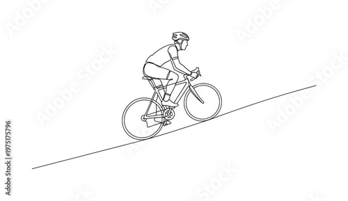 Power Climb. Minimalistic one-line drawing a cyclist riding uphill with a dynamic forward stance, continuous single black line on white background, simple
