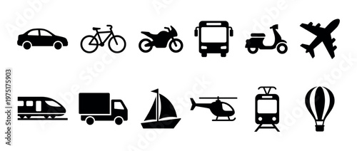 Various transportation vehicles and travel modes icons set, including land, air, and sea transport, representing different ways to travel and commute.