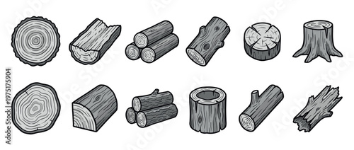 Various wood elements including logs, tree stumps, and cut timber pieces in a grayscale cartoon illustration style.
