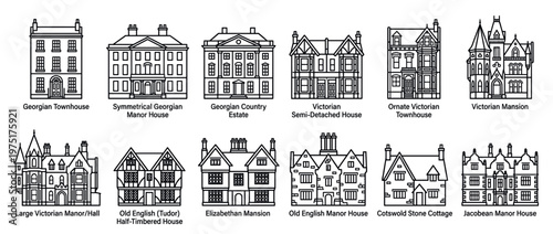 Collection of historical British house styles, including Georgian, Victorian, Tudor, Elizabethan, and Jacobean architectural designs.