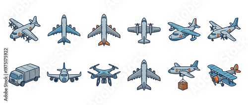 Cartoon airplanes and transport vehicles collection featuring various types of aircraft and a delivery truck in a doodle style.