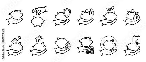 Piggy bank financial icons set illustrating concepts of saving money, investment, security, growth, and future planning.