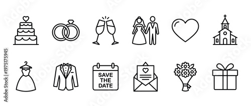 Wedding icons collection with marriage celebration symbols including cake, rings, couple, church, dress, and invitation for event planning.