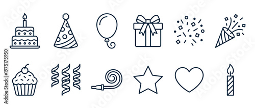 Birthday celebration outline icons set featuring various festive elements like cake, hat, balloon, gift, and confetti for event design.