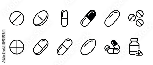 Pills and capsules icon set illustrating various forms of medication, including tablets, capsules, and a medicine bottle, for healthcare and pharmaceutical design.