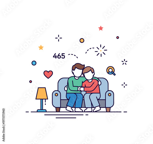 Quiet evening connection concept centered on two figures cuddling on a couch with a small lamp and gentle spark elements conveying intimacy, safety, and peace.