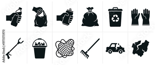 Waste recycling cleanup tools pollution icons illustrating environmental protection, garbage collection, and sustainable living concepts in a simple graphic design.