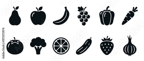 Fruits and vegetables icons set featuring various healthy produce items for nutrition and diet concepts.