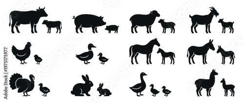 Collection of farm animal families silhouettes showing adult animals with their young offspring, including cows, pigs, sheep, goats, and more.