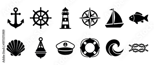 Nautical icons set featuring various marine symbols like anchor, ship wheel, lighthouse, sailboat, and compass rose for ocean-themed designs.