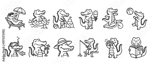 Cute cartoon crocodiles enjoying various summer beach vacation activities like swimming, surfing, fishing, and relaxing under the sun.