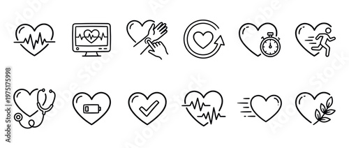 Heart health and medical icons collection featuring various symbols of cardiology, fitness, and wellness in a clean line art style.