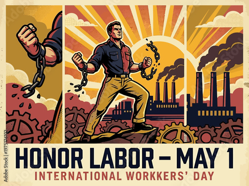 Celebrating International Workers Day with symbols of freedom and industrial progress