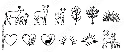 Deer, flowers, hearts, sun, and grass outline illustrations representing nature, love, and wildlife elements in a versatile graphic collection.