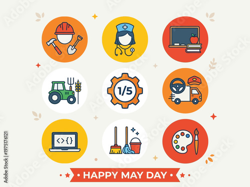 Diverse professions celebrated on May Day labor holiday with vibrant icons and cheerful greetings