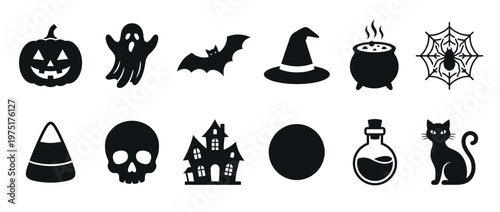Halloween icons collection featuring spooky symbols like a jack-o'-lantern, ghost, bat, witch hat, cauldron, spiderweb, candy corn, skull, haunted house, potion, and black cat.