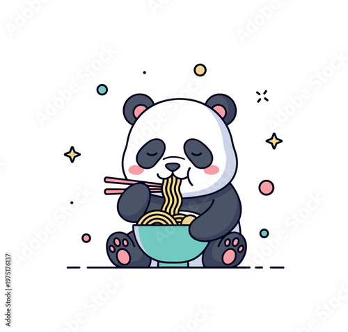 Cute panda meal a tiny panda sitting with a noodle bowl and gently eating with a calm happy expression. A friendly and comforting illustration of everyday food