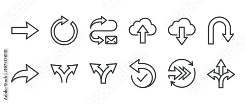 Collection of various outline arrow icons representing navigation, direction, refresh, upload, download, and data flow concepts for web and app design.