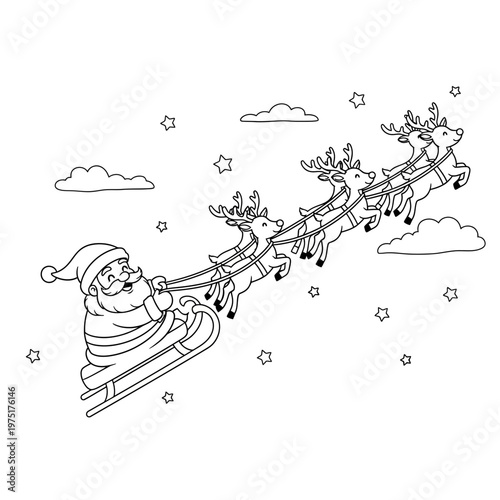 Cheerful Santa Claus and Reindeer Sleigh Coloring Page for Christmas Fun. transparent.
