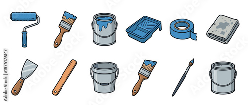 Essential painting tools and supplies collection, including rollers, brushes, and paint cans, for home renovation and artistic projects.