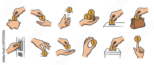 Hands interacting with dollar coins in various financial and transactional scenarios, illustrating concepts of saving, giving, and earning.