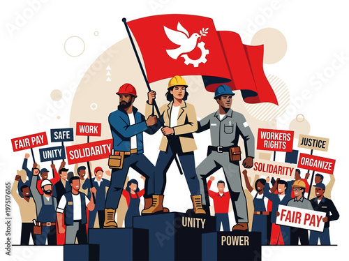 Diverse workers united with flags and signs demanding fair pay and rights