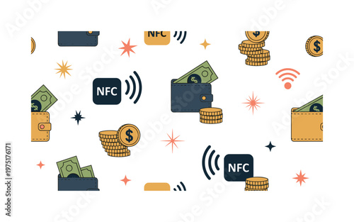 cashless transaction icons seamless pattern, repeating pattern, surface design, textile print, soft color palette, modern illustration, no shadows, flat