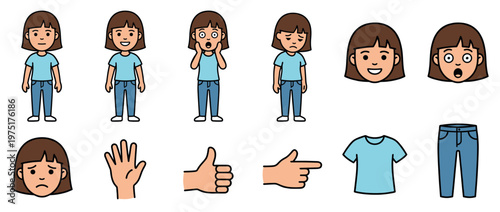 Cartoon girl character showing various emotions and hand gestures, along with separate illustrations of her clothing items.